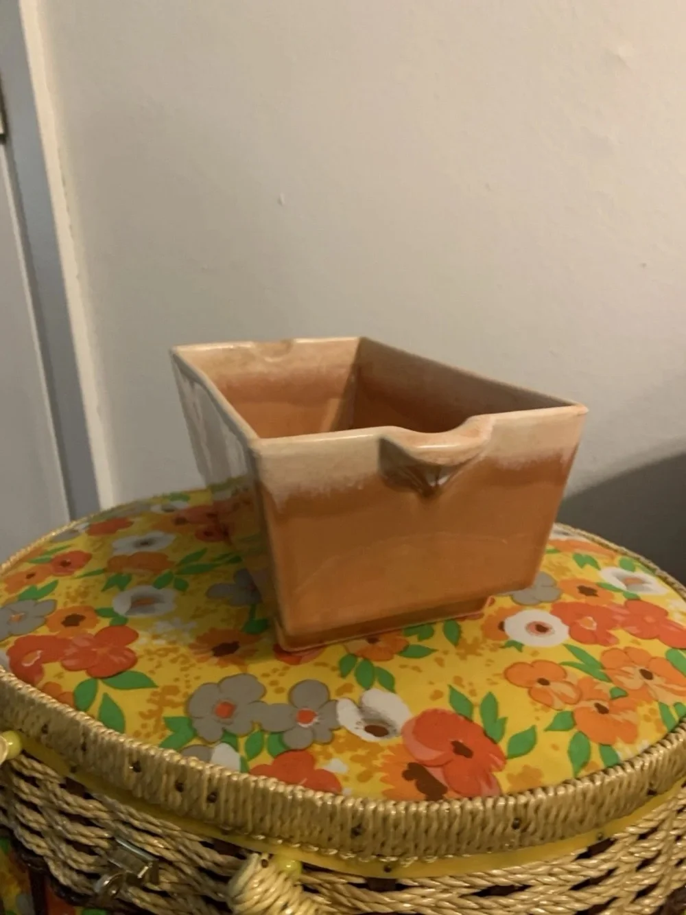 Vintage 1968 McCoy? retro drip glaze ceramic planter peach and orange